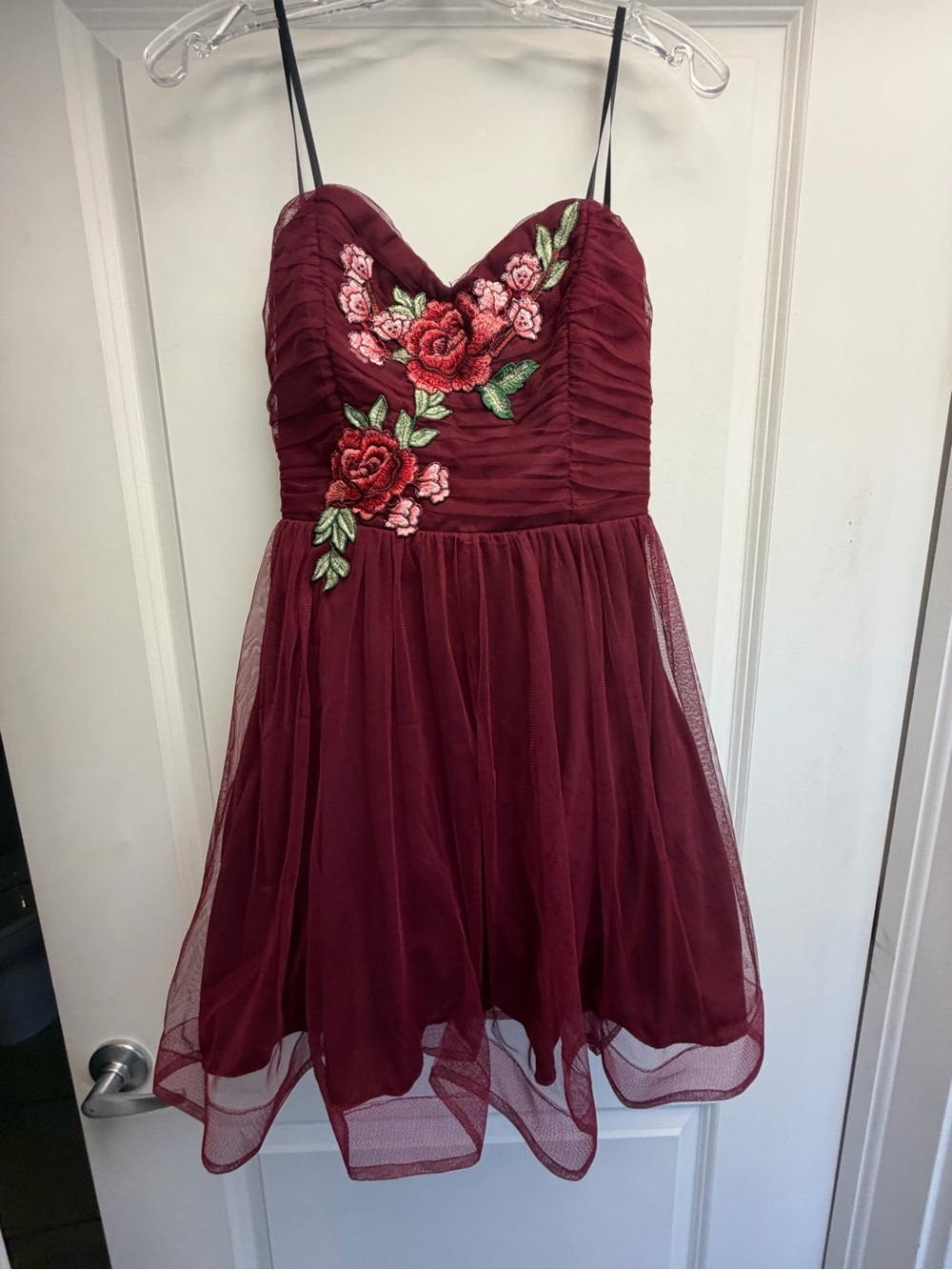 B Darlin Burgundy Floral Appliqué Tulle Dress